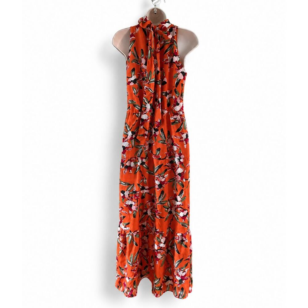 Sam Edelman Floral Halter Maxi Dress Orange Tiered Keyhole Back Tie Wedding 6 - Picture 7 of 11